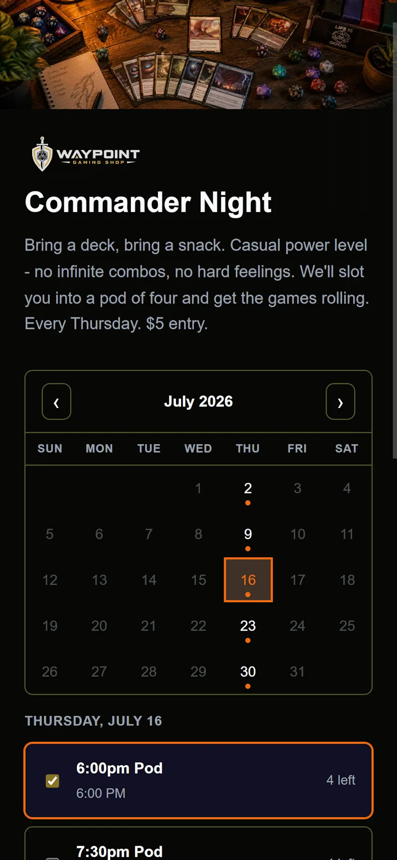 Waypoint Games Commander Night sign‑up