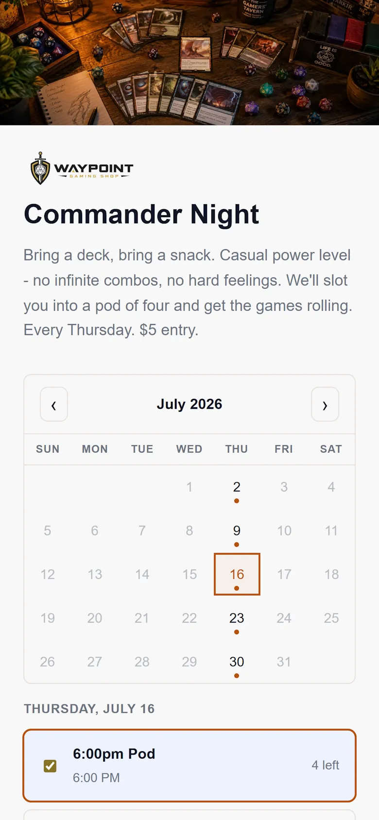 Waypoint Games Commander Night sign‑up
