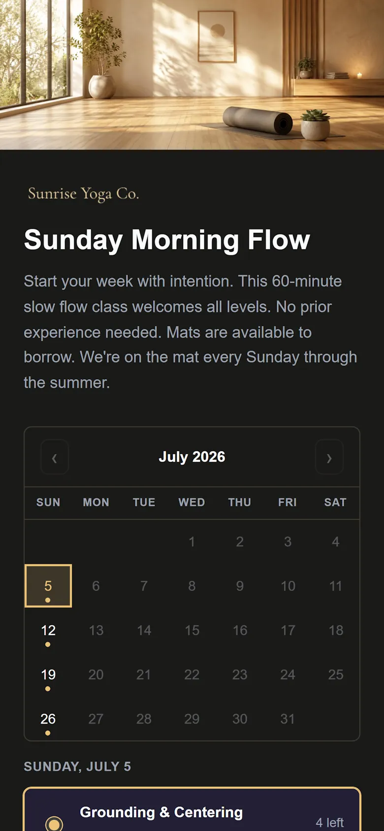 Sunrise Yoga Co. class sign‑up