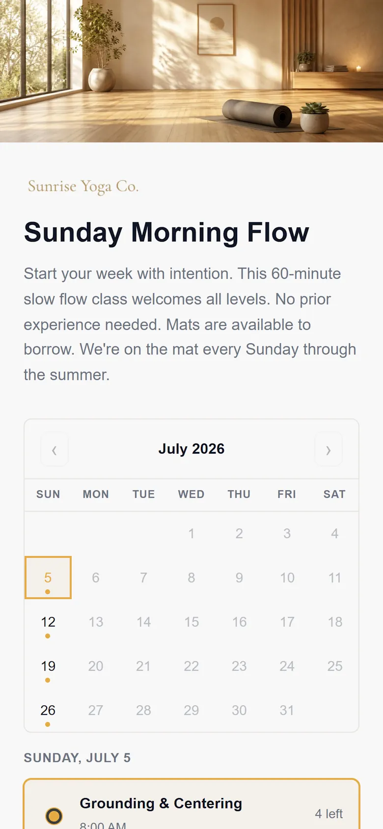 Sunrise Yoga Co. class sign‑up